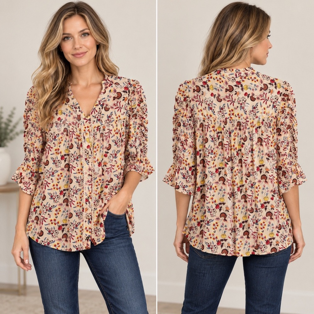 Wit & Wisdom Floral Print Ruched Sleeve Button Up Blouse Fall Colors Small SONY